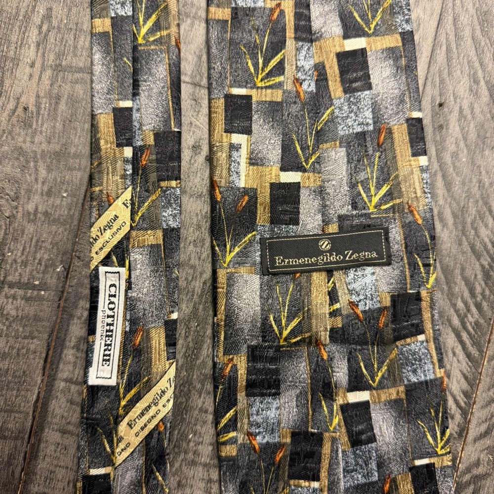ERMENEGILDO ZEGNA Tie Khaki Blue Black Pond Geometric‎ Floral Silk